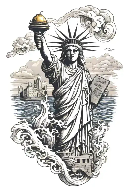Greek God And Statue Of Liberty And The Ocean Waves