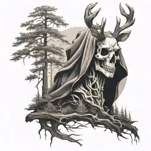 Cloaked Figure With Deer Skull Head Standing In A Forest