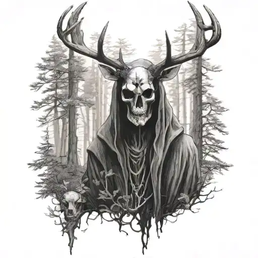 Cloaked Figure With Deer Skull Head Standing In A Forest