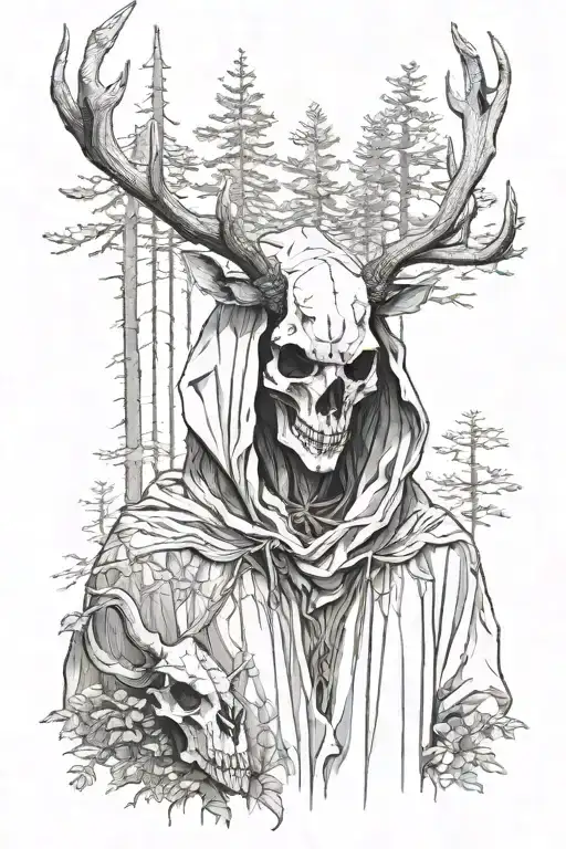 Cloaked Figure Standing In A Forest With A Deer Skull As A Head