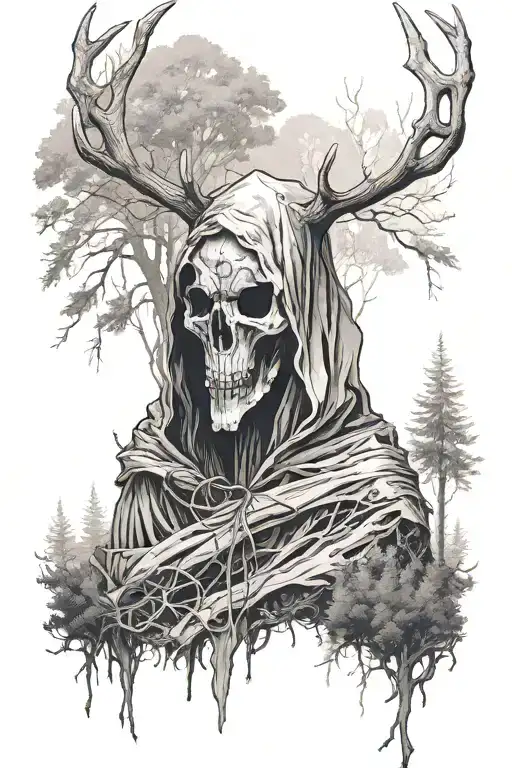 The Full Body Of A Cloaked Figure With A Deer Skull As A Head Standing In A Forest