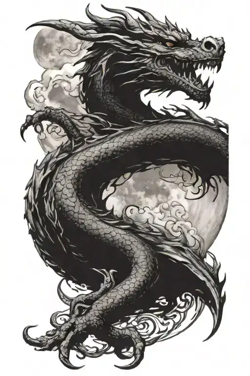 Asian Ink Shadow Dragon With Moon