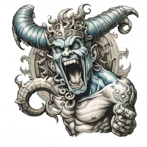 Greek God Fighting Demon Throwing Fire Out Mouth With Blue Eyes