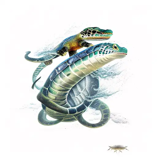 A Moray Eel And Pit Viper Tangled Together With A Sea Turtle