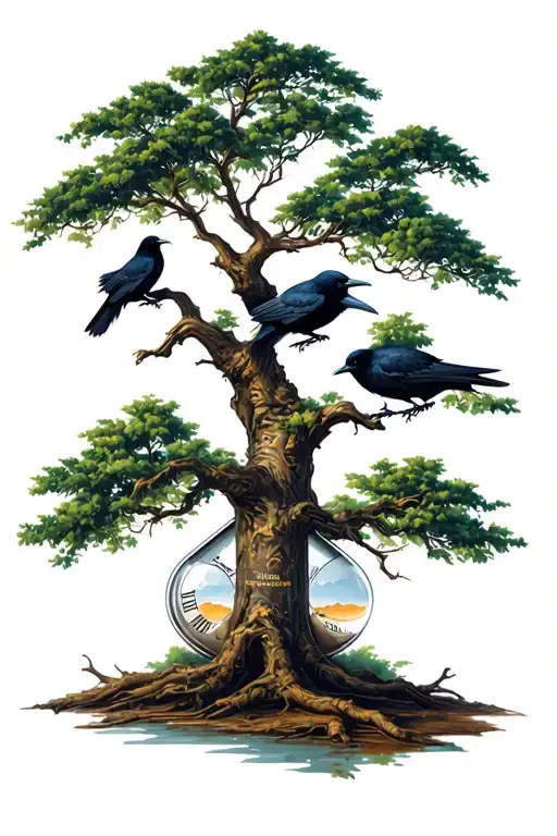 Tree With An Hour Glass And A Raven
