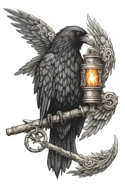 Black Raven Carrying 2 Medieval Torches With 3 Rings Around The Torches