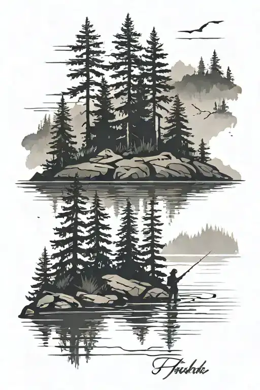 Lake With Fir Trees Silhouette Of Father And Two Sons Fishing