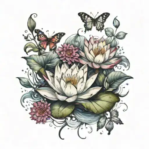 Water Lily And Butterflies Fluttering