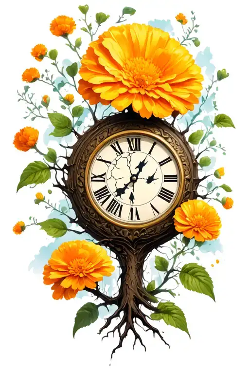 A Dead Tree Of Life With A Broken Clock And In A Marigold Flower In The Background Of The Clock