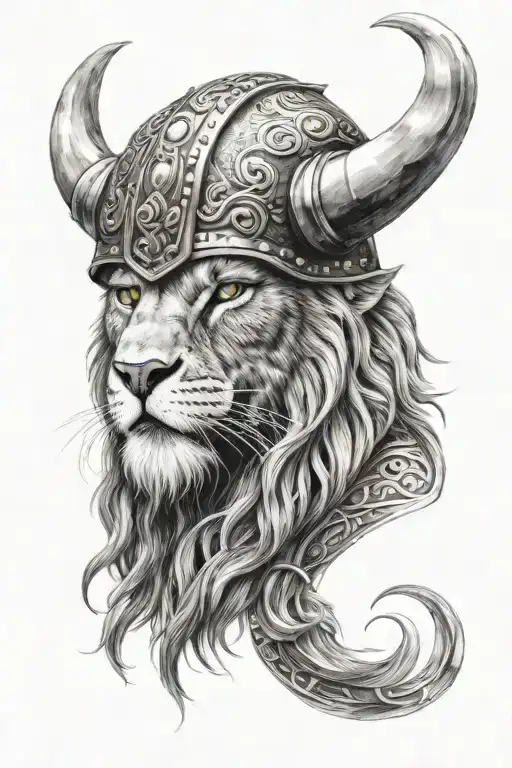 Viking Warrior Half Lion Face With Horned Helmet And Bright Eyes