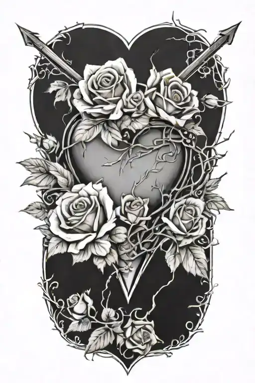 An Arrow Passing Through A Heart Surrounded By Roses And Thorns
