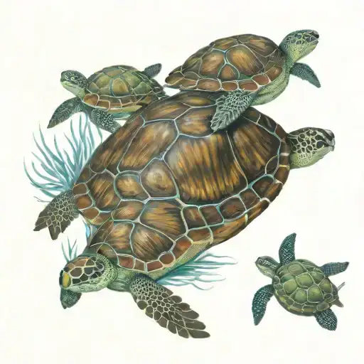 Big Sea Turtle With 4 Baby Turtles Swimming Together