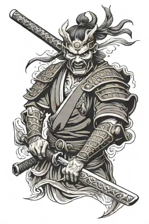 Samurai Wearing A Oni Mask On The Tricep With A Katana Going Down The Elbow And Forearm