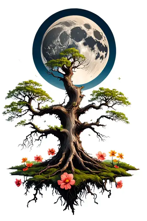 A Dead Tree Growing Into A Beautiful Tree Under The Moon With Big Flowers