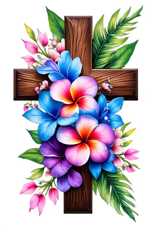 Cross With Hawaiian Flowers Colored With Blue Pink And Purple