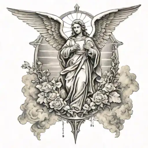 Angels And Saint Mary With Rays And Clouds