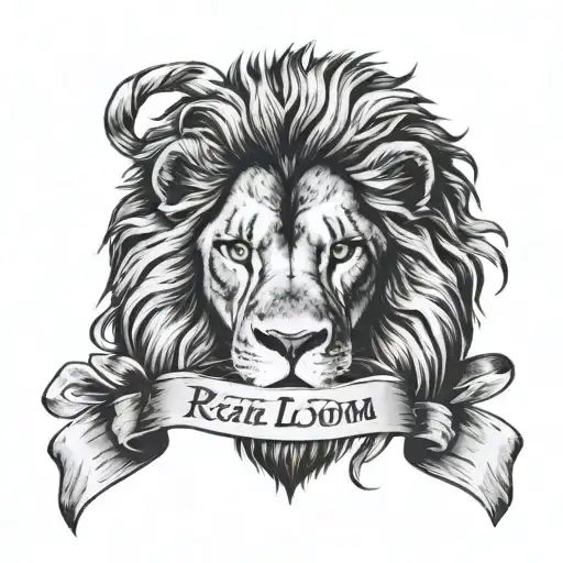 Front Face Of A Black And White Angry Lion And Under His Head A Ribbon That Has Letters