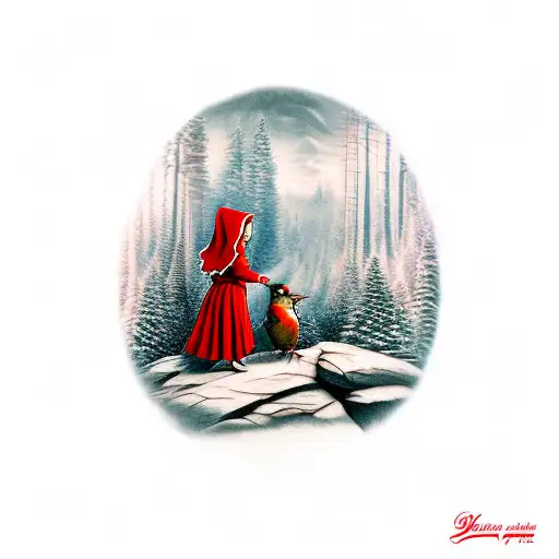 Little Red Riding Hood Standing On A Hill With A Robin Landing On Her Hand