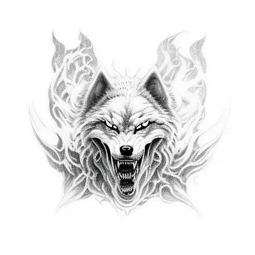 Fenrir Norse Mythology Black And White With Orange Coloring Facing Upward