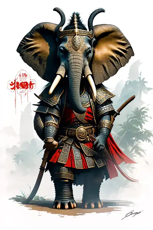 Big Jungle Samurai Warrior And Elephant