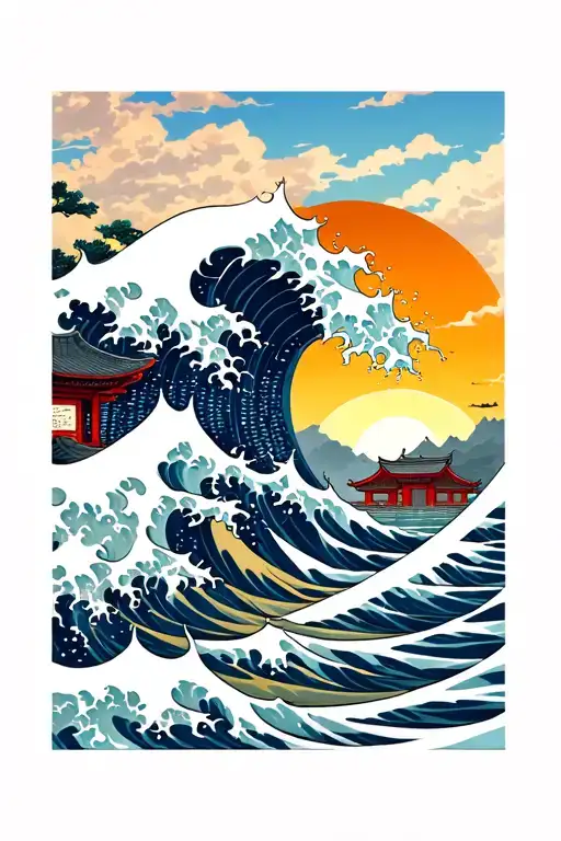 Japanese Wave With Sunset And Japanese Buildings