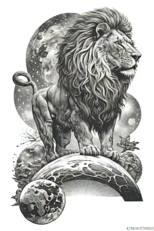 A Black-grey Tattoo Of A Majestic Lion Standing On A Planet With The Universe As A Backdrop