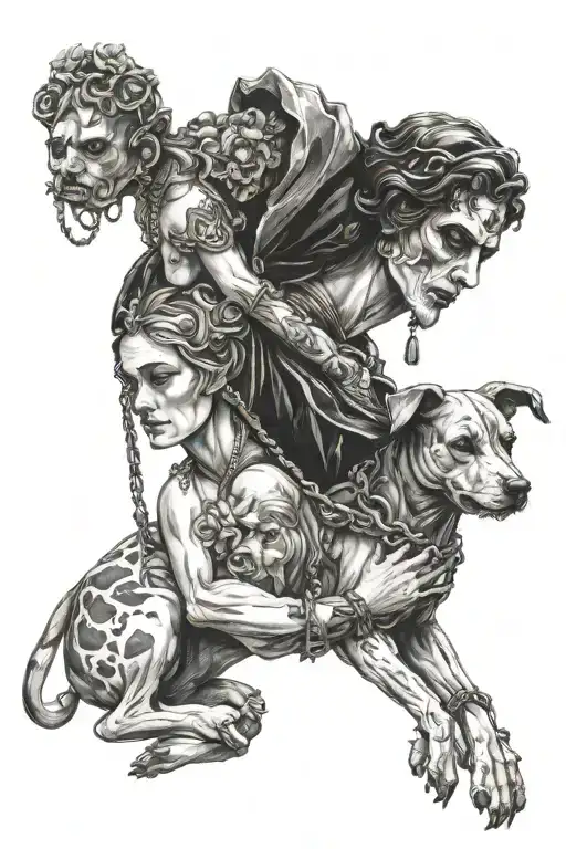 Hades And Persephone Holding Dog Kerber On Chain