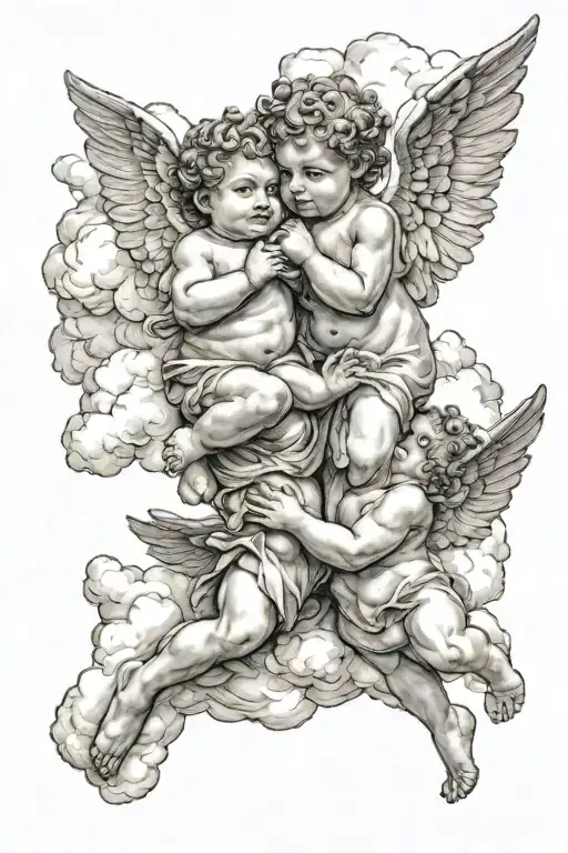 Two Cherubs In Different Positions Among The Clouds