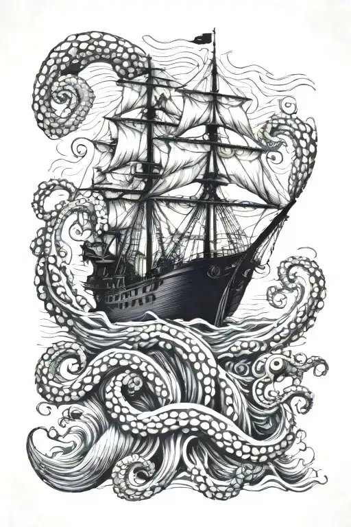 Ship At Sea With Waves And Octopus Wrapped
