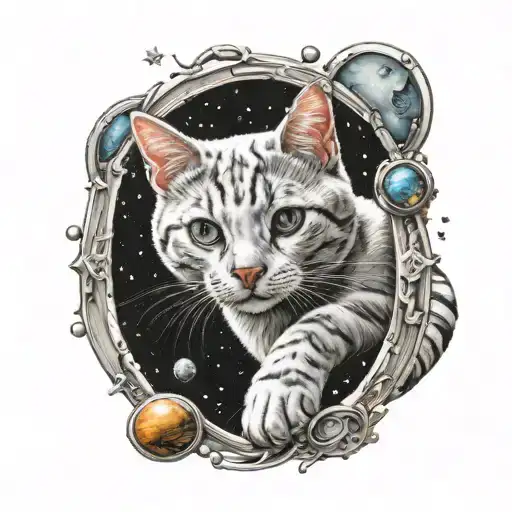 White Cat With Tabby Spots In Space Floating