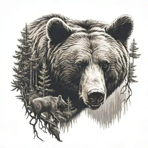 Bear And A Dear With Nature Scene