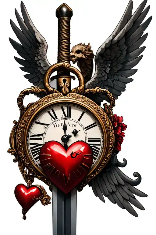 Clock Sword Angel And Heart Shaped Lock