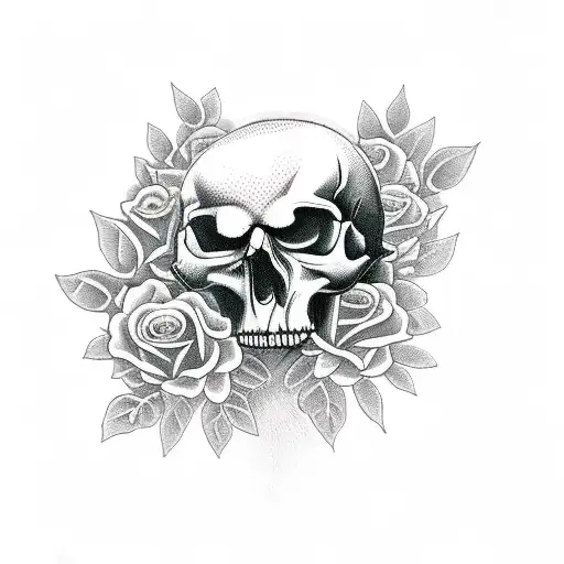 Crow Standing On Top Of A Skull Surrounded By Roses