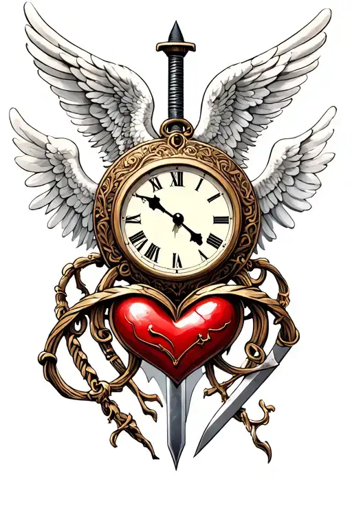 Clock Sword Crying Angel And Heart Shaped Lock Intertwined