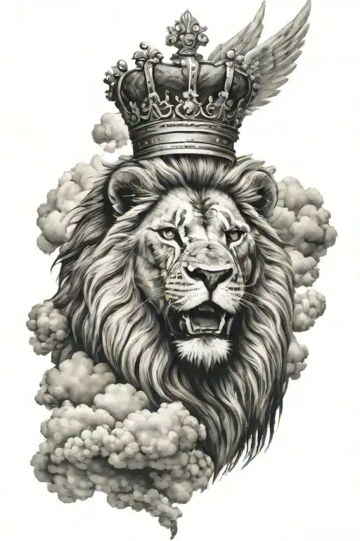 A Lion With A Crown And Cross With Wings And Clouds