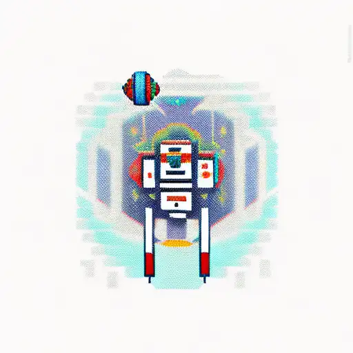 A Pixel Art Ufo Abducting A Paintbrush And A Football