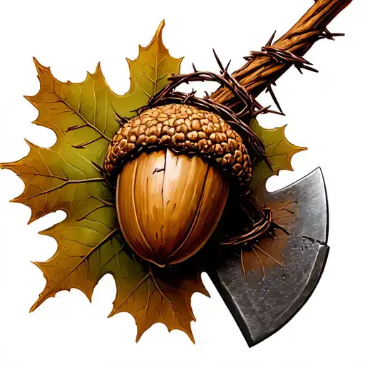 Axe Oak Leaf Acorn Barbed Wire Wrapped