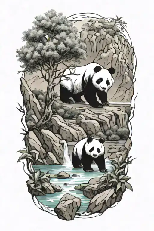 Mountain And River With Panda And Olive Tree Branch