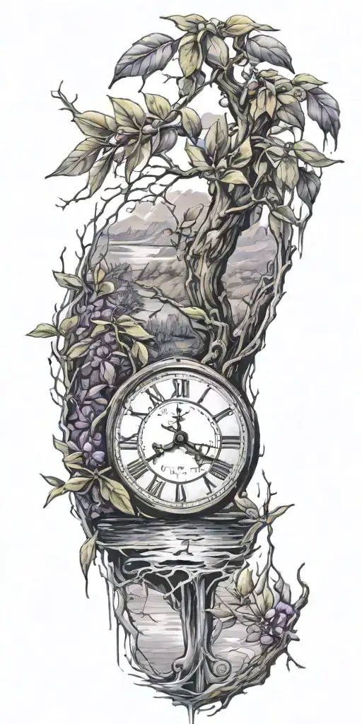 River Landscape With Broken Clock Olive Branch And Violet