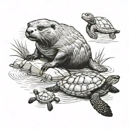 A River Otter And A Turtle Swimming