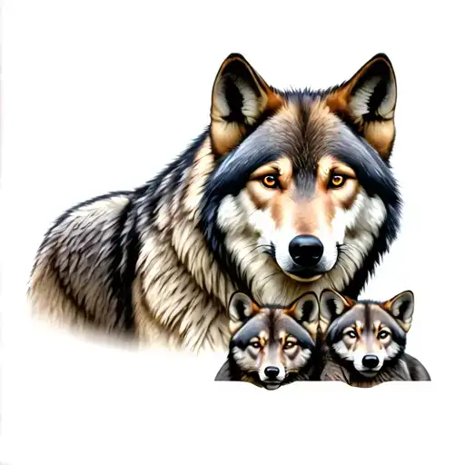 Mom Wolf With 3 Cubs Face Only