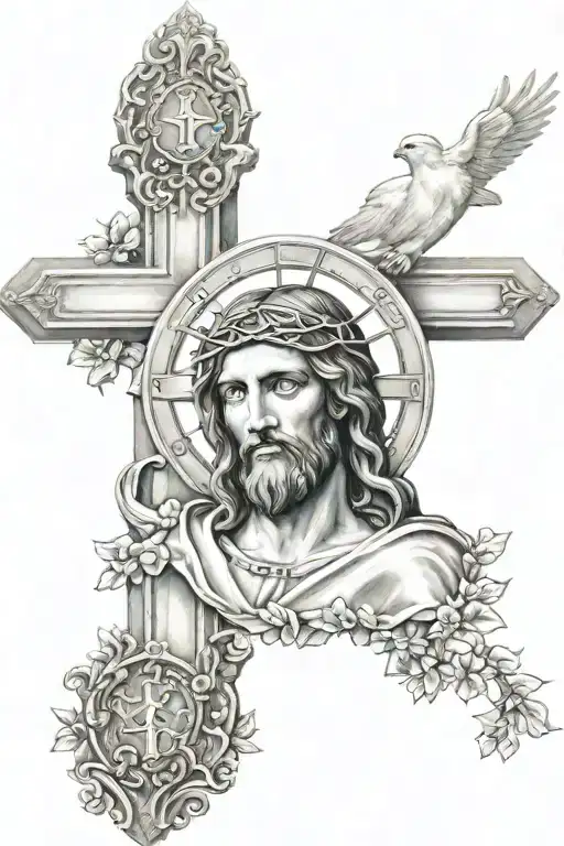 Jesus On The Cross With Dove Flying And Gates Of Heaven