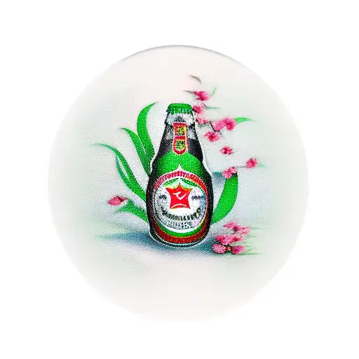 A Realistic Portrait Of A Heineken Bottle Surrounded By Lush Greenery And Vibrant Red Flowers
