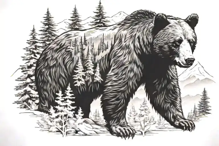 Black Bear With Landscape Trees And Mountain Background