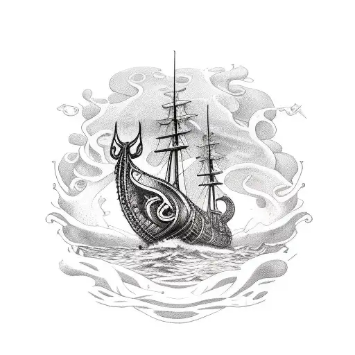 Viking Ship Attacked By Kraken