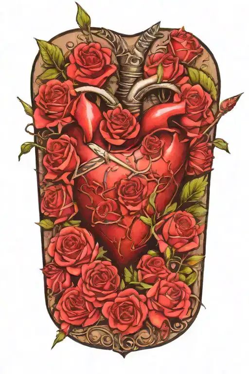 An Arrow Passing Through A Heart Surrounded By Roses And Thorns