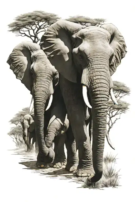 African Elephants Walking Togther
