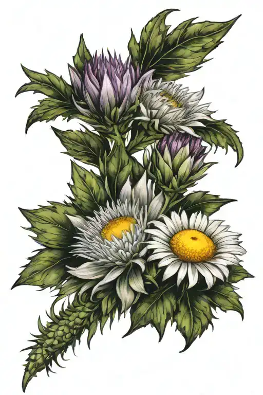 Color Tattoo Of Daisies And Thistle With The Name Freyja In It For A Woman's Shoulder And Arm