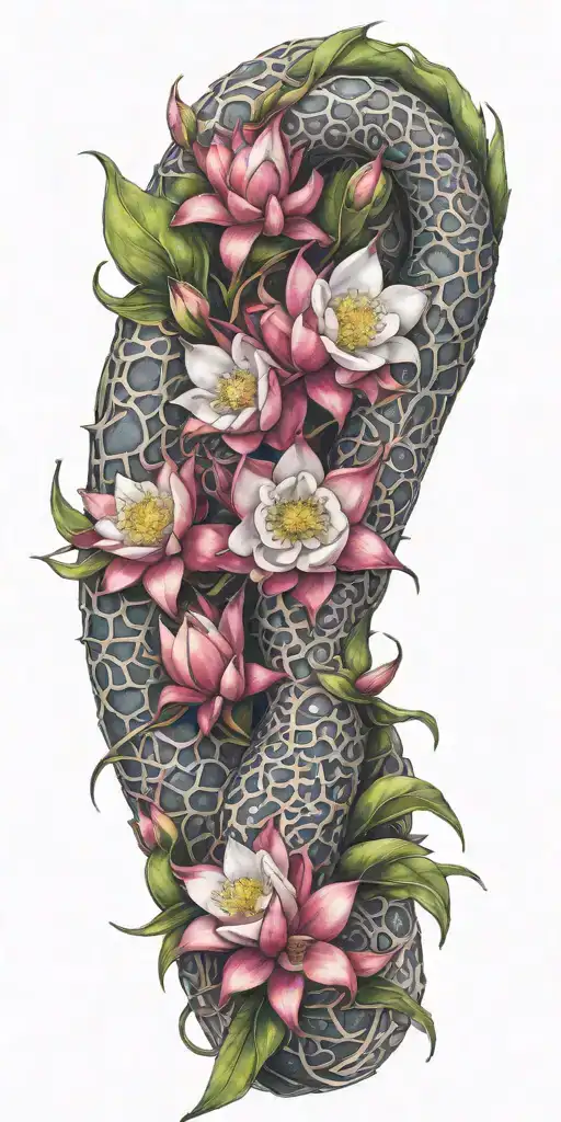 Dragon Fruit Plant With Plumeria Flowers And A Dragon Wrapped Throughout