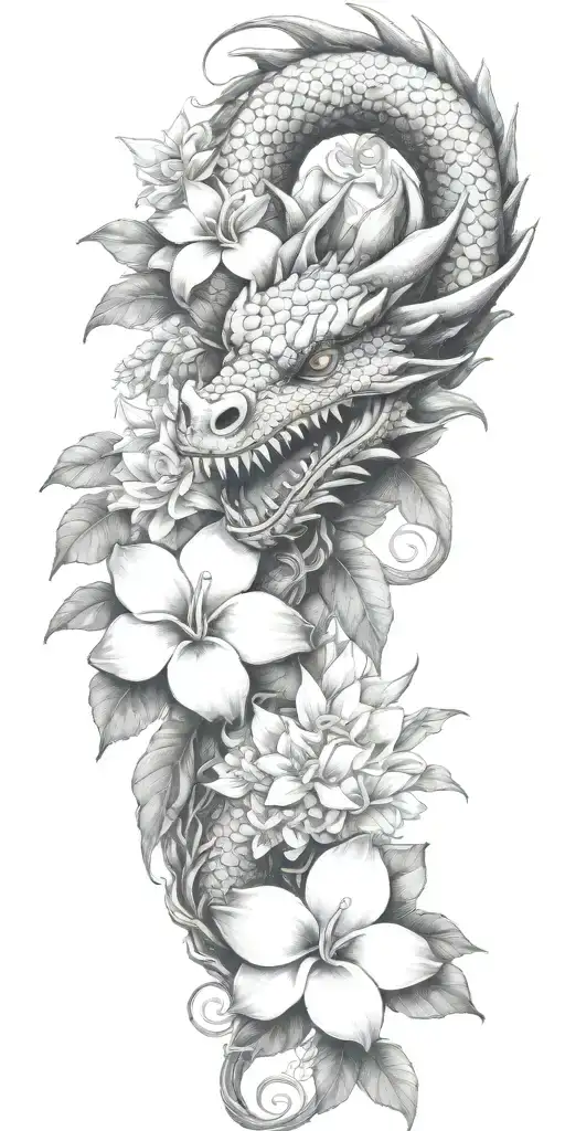 Dragon Head Winding With Dragonfruit Plant And Plumeria Flower
